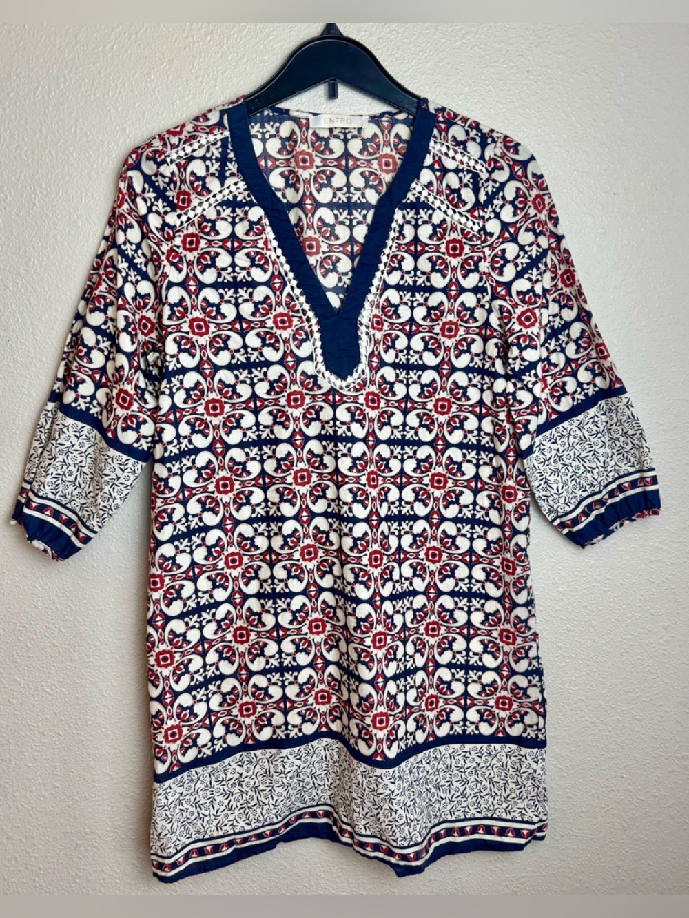 Entro Boho V-Neck Lattice Geometric 3/4 Sleeve Tunic Dress Navy Red Cream Sz S